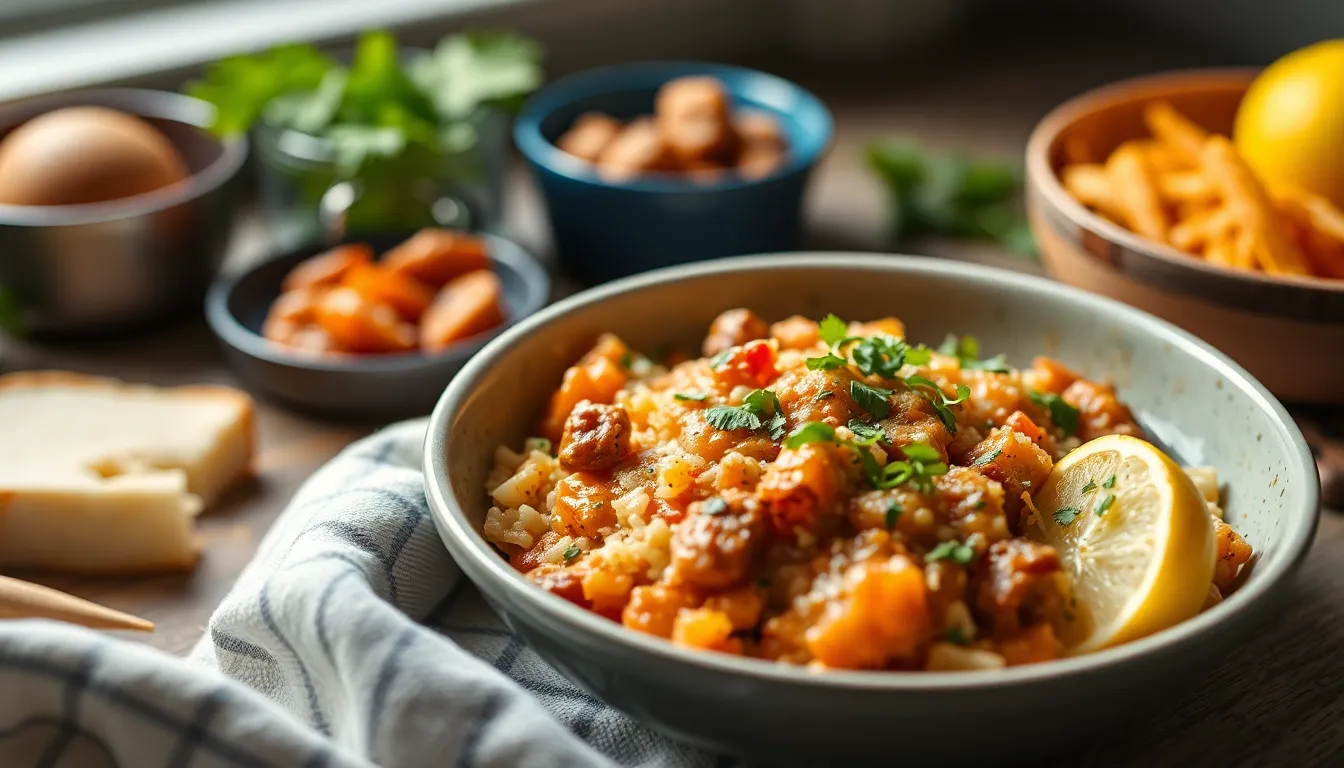 Photo: Slow cooker with steaming meal, toddler toys in background